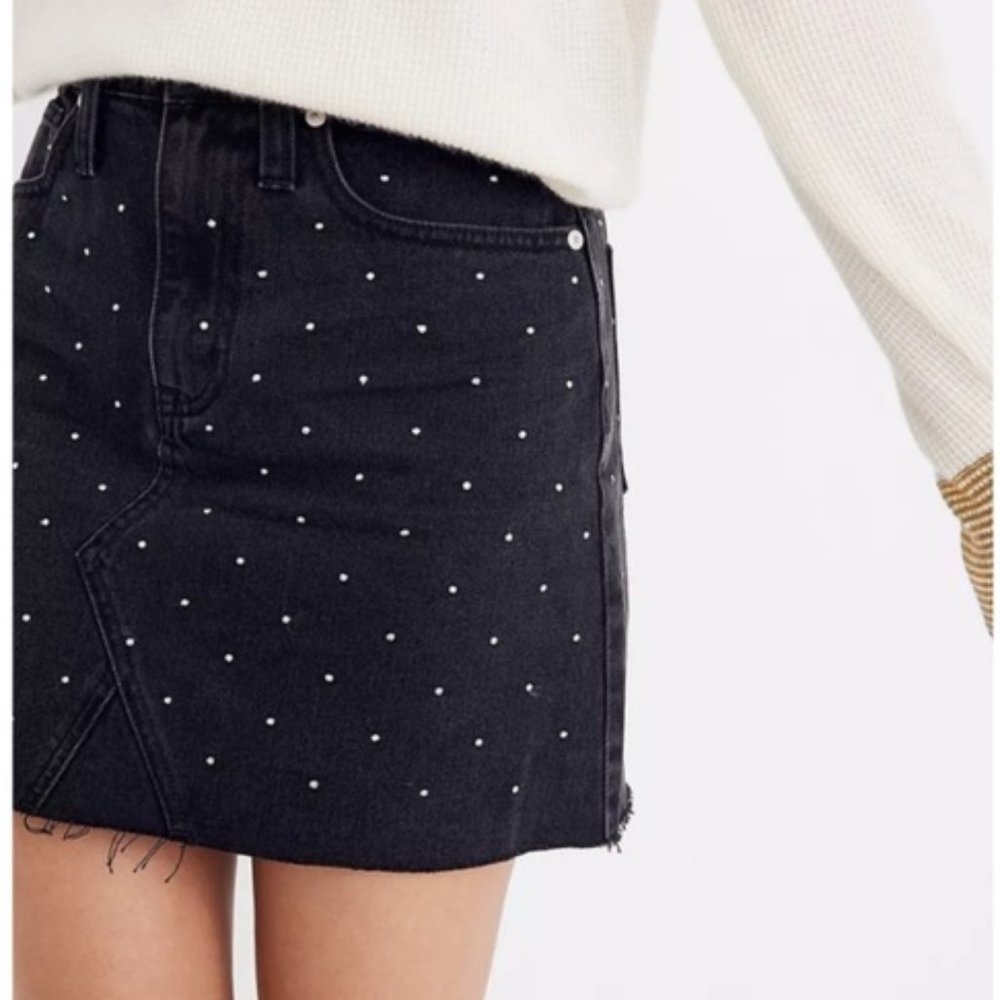 Rigid Denim A-Line Mini Skirt: Metallic Dots Edition